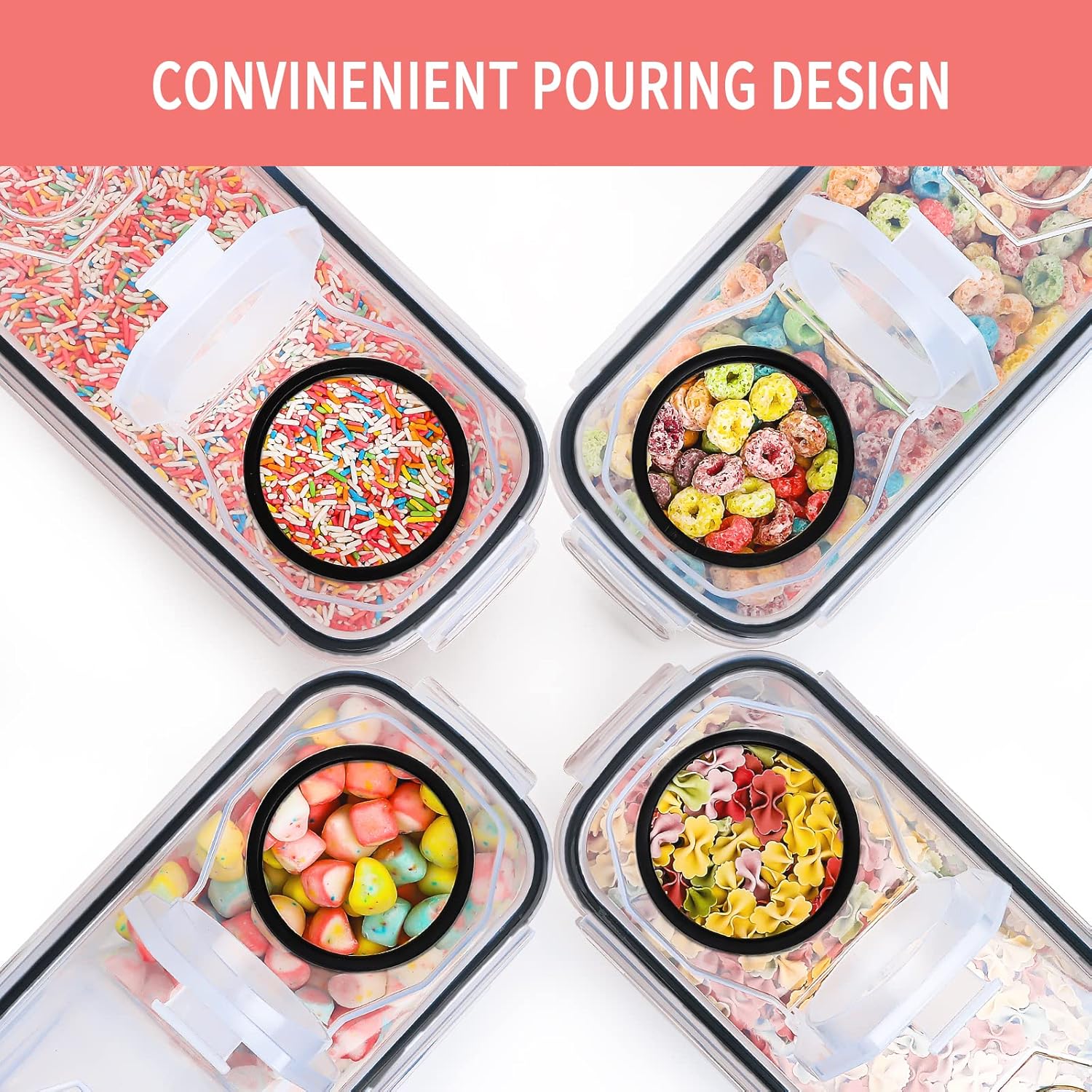 PLL Large Dry  Storage Containers with Lids, 6 count Airtight Cereal Containers Storage Set, Leak-proof Canister Set for Kitchen Pantry Organization with 20 Labels & Marker (4L Black)