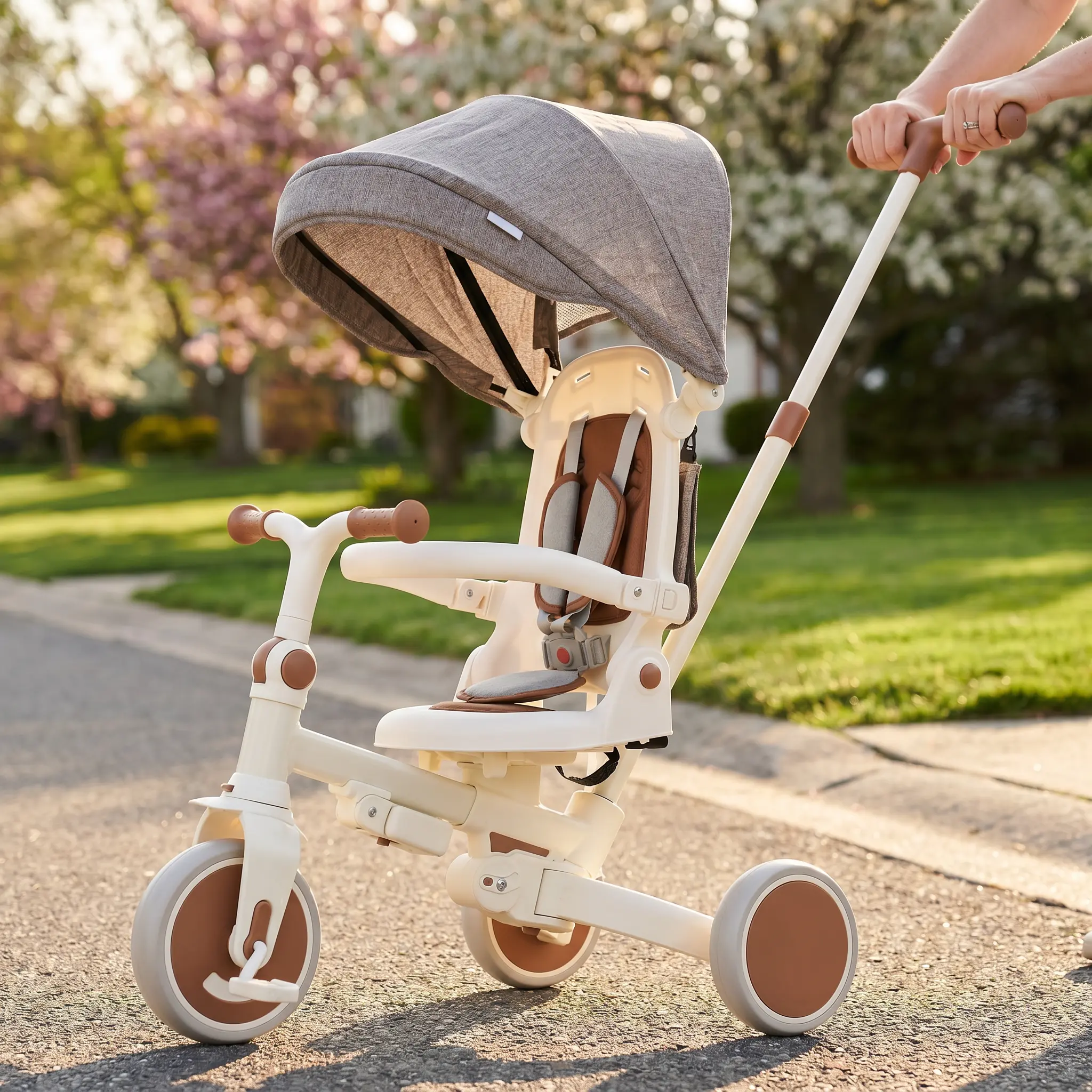 7-in-1 Foldable Baby Tricycle for 12-72 Months, Toddler Ride-On Toy with Removable Adjustable Parent Handle, Pedal, Canopy, Guardrail, Ivory and Brown