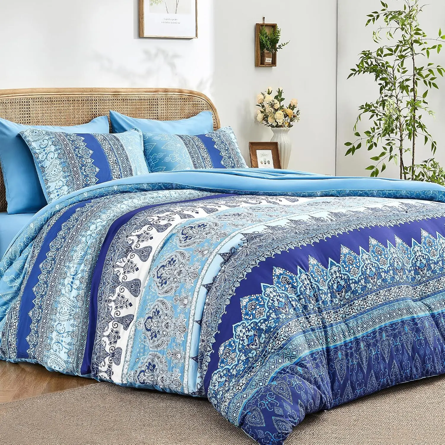 Boho Comforter Set Queen - 7 Pieces Bed in a Bag, Bohemian Striped Comforter Set with Sheets, Soft Microfiber Sage Green Floral Bedding Set for All Season