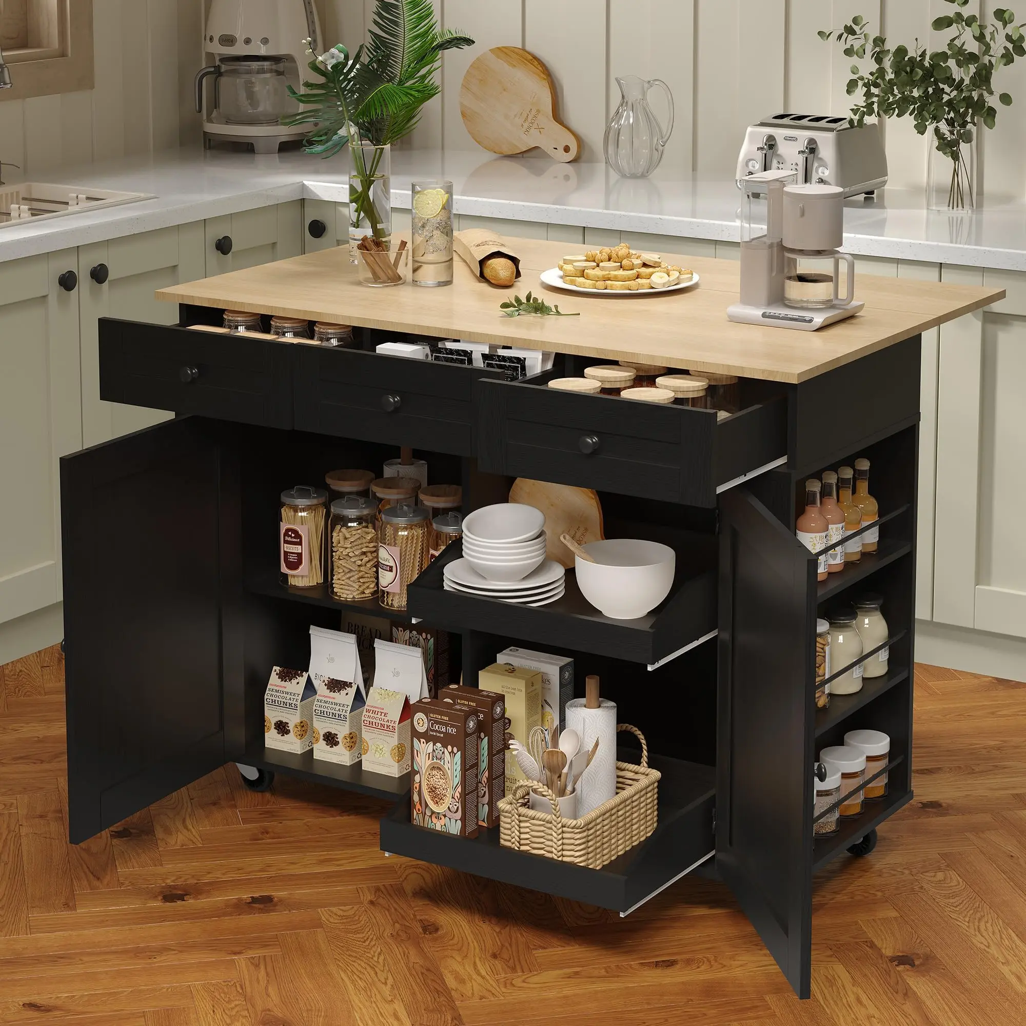 Rolling Kitchen Island with Drop Leaf Countertop, Charging Station & Ample Storage - 47.2" Mobile Kitchen Cart On Wheels with Pull-Out Shelves, Drawers, Spice Rack & Organizer Divider