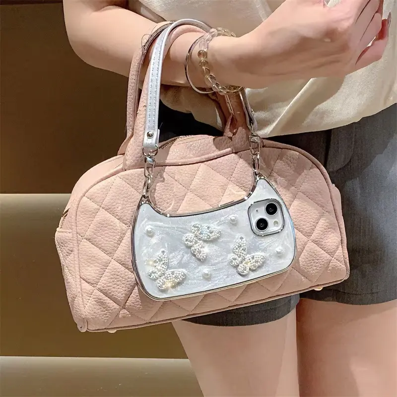 Women's Trendy Waterproof Silicon Print Pearl-Butterfly Handbag Phone Case - Customized Flush Mount Epoxy Resin Accessory Compatible with iPhone 17 Pro Max, 16 Pro, 15, 14, 13