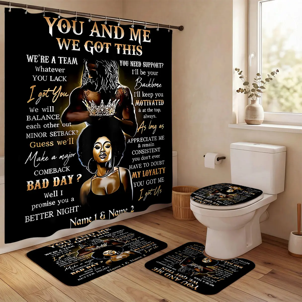 Shower Curtain Set – Love Couple Afro Queen King Motivational Quote, Romantic Valentine's Day Gift, Inspirational Bathroom Decor