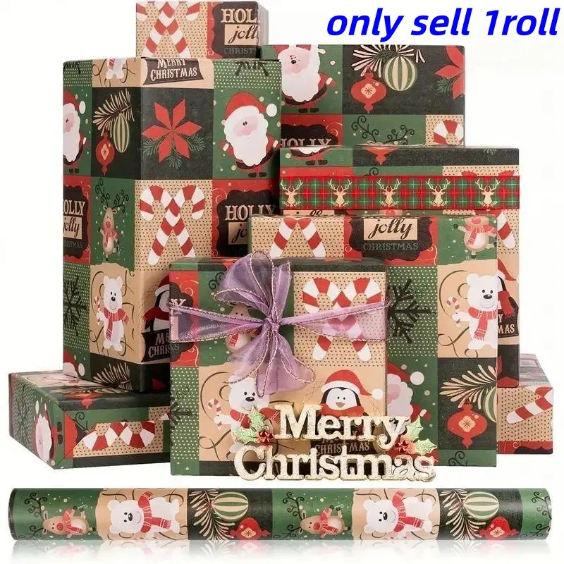 Christmas Wrapping Paper Roll, Festive Santa Reindeer Penguin Design, Perfect for Christmas Gifts & Holiday Decorations