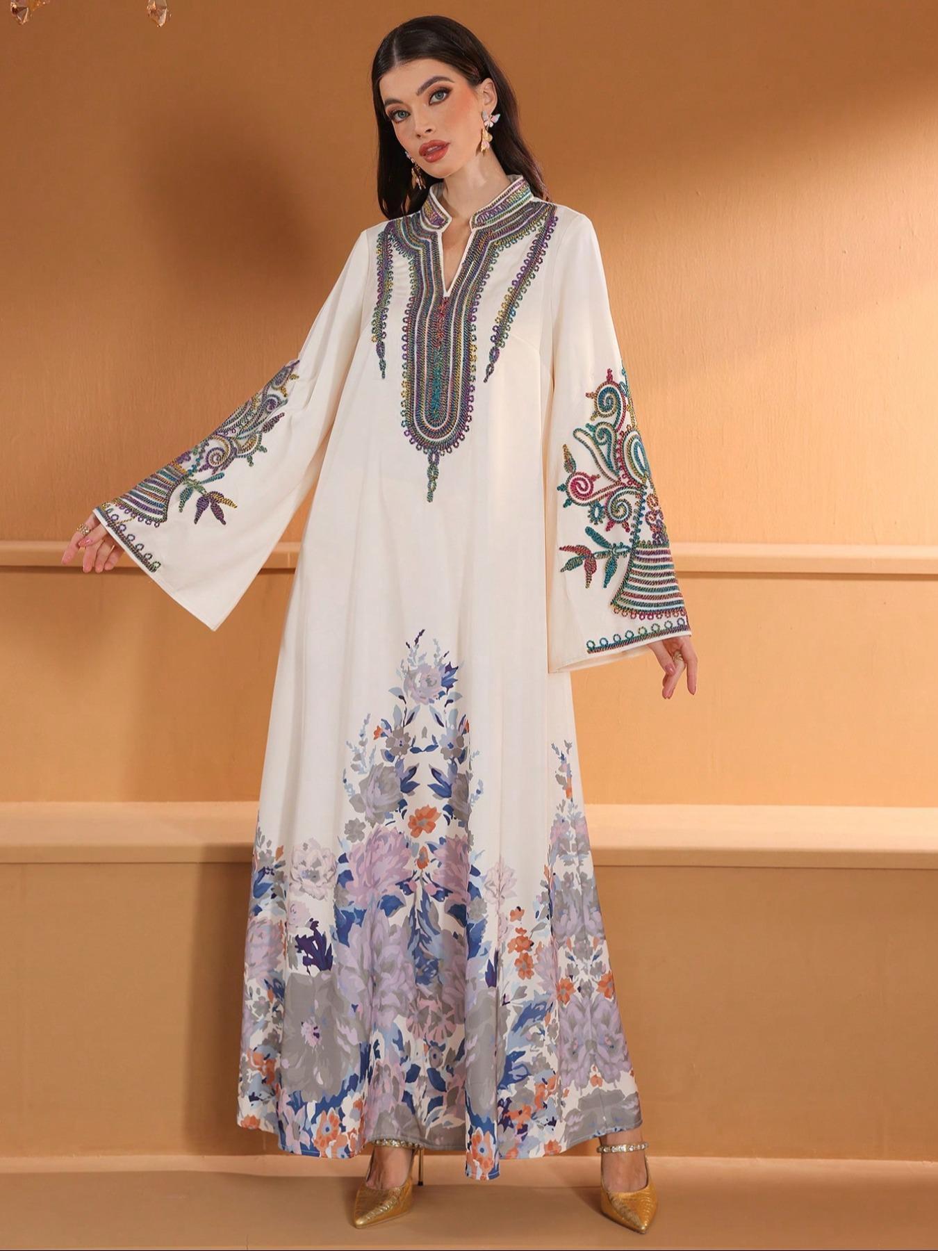 Women's Floral Pattern Embroidery Notched Neck Long Sleeve Dress, Modest  Flounce Sleeve Long Arabic Clothing, Elegant Islamic Clothing for Women -  TikTok Shop