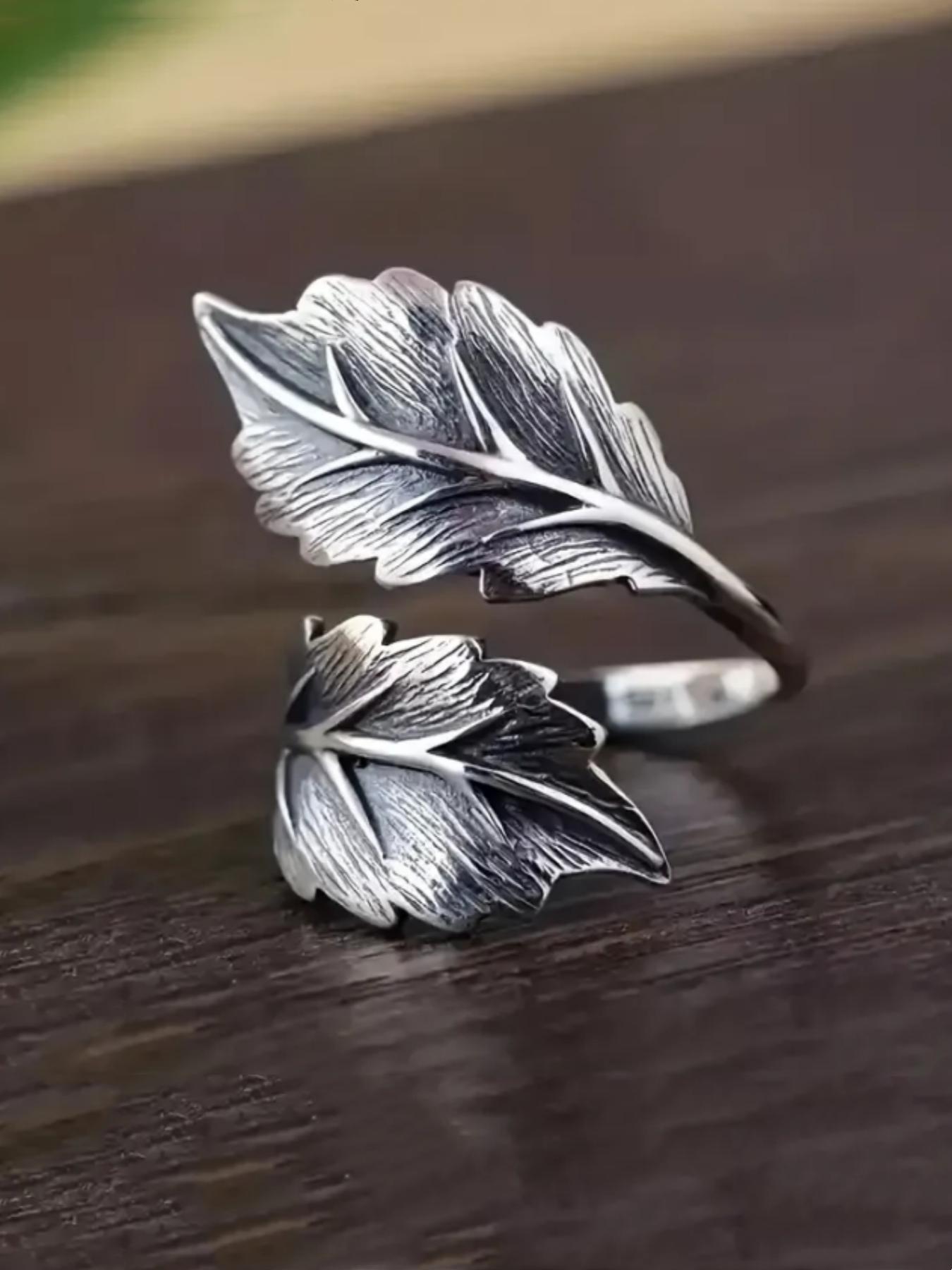 925 Sterling Silver Vintage Style Leaf Design Cuff Ring, Adjustable Open Ring, Fashion Hand Jewelry Accessories for Women & Men, Elegant Ring