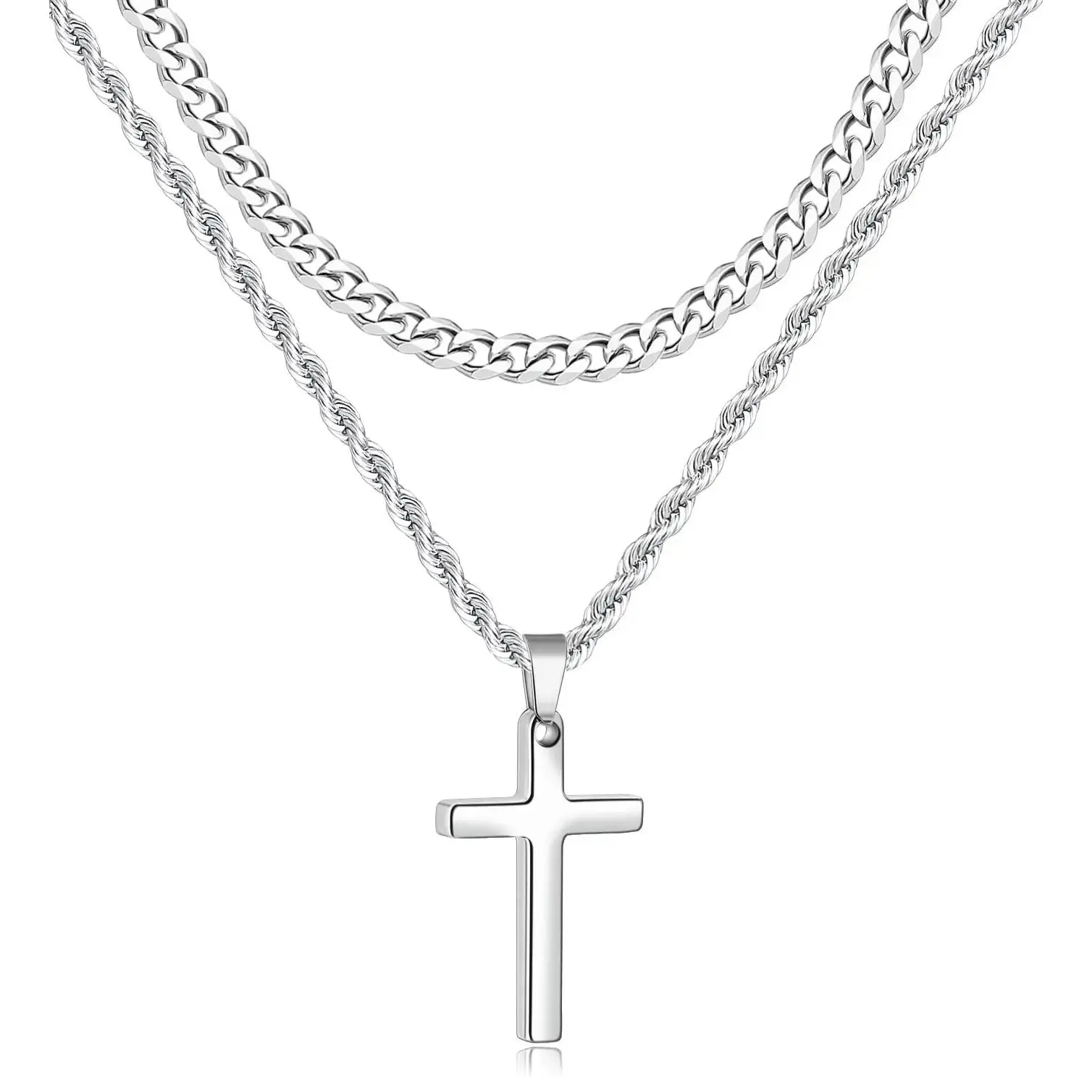 Cross Necklace for Men, Layered Mens Cross Necklaces Stainless Steel Cross Pendant Cuban Link Rope Chain