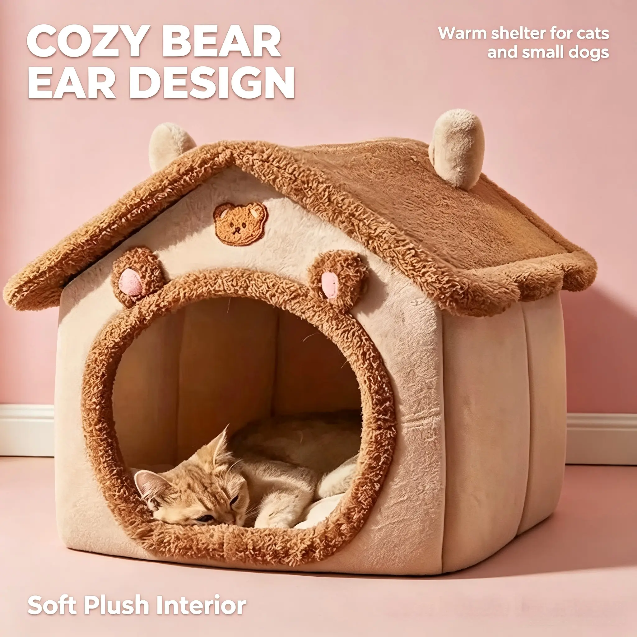 1PCS  Cozy Bear House Pet Bed, Fully Removable Washable, Warm Cat Dog Cave Bed, Anti-Slip Bottom, Foldable Small Pet Sleeping Nest, Kitten Puppy, Cozy Kitten Condo