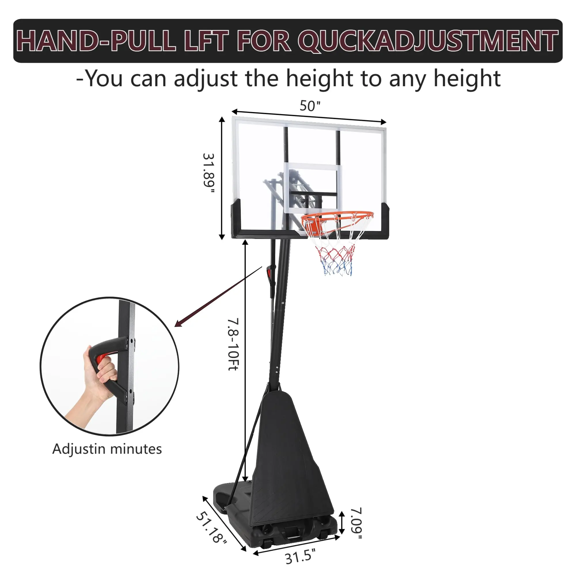 GARVEE Adjustable Outdoor Basketball Hoop 5.2 to 10 Feet, Portable Goal System with 47 Inch Shatterproof Backboard, Rebound Plate & Quick Height Adjustment, Stable Base and 2 Wheels for Easy Movement