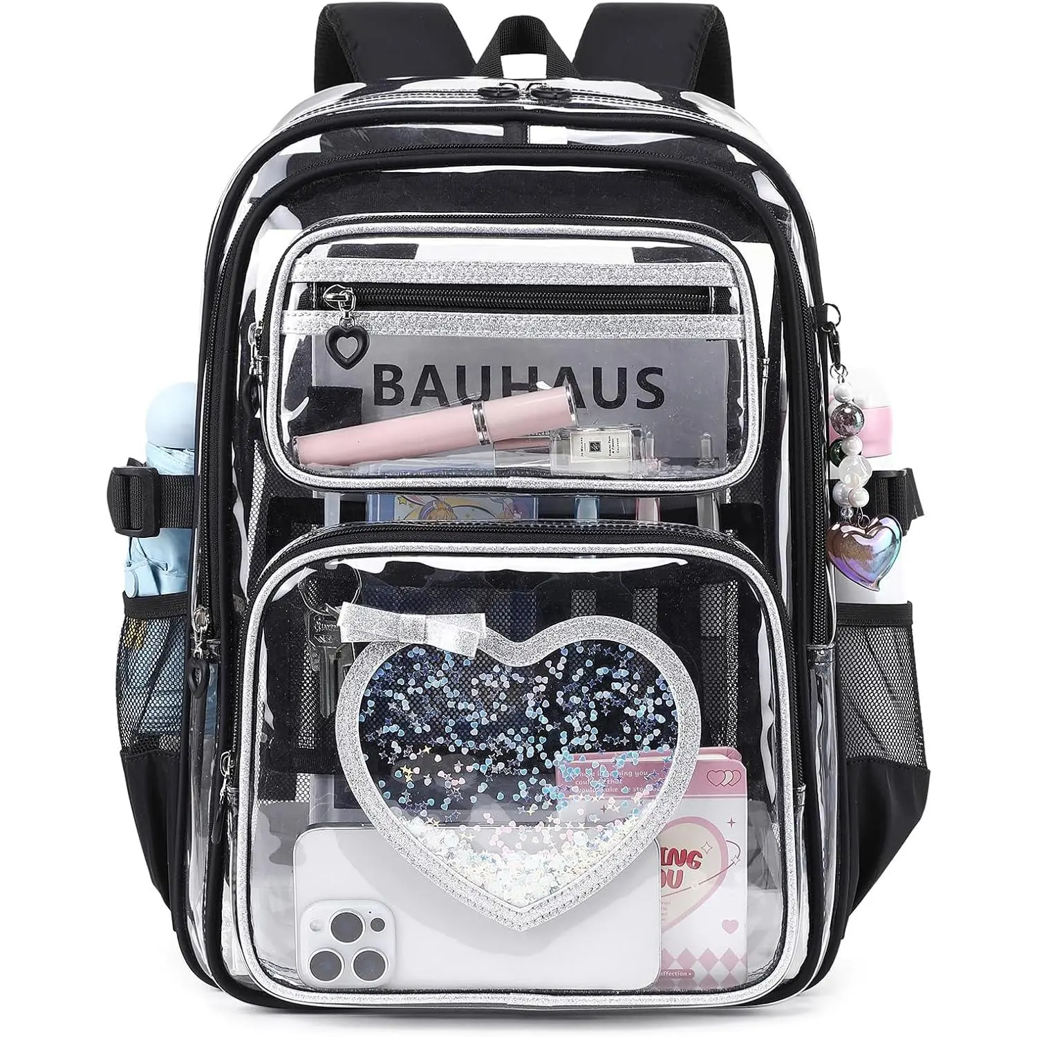 Clear Backpack for School Girls, Cute Heavy Duty PVC Transparent Bookbag, See-Through Bag for Stadium Event Black