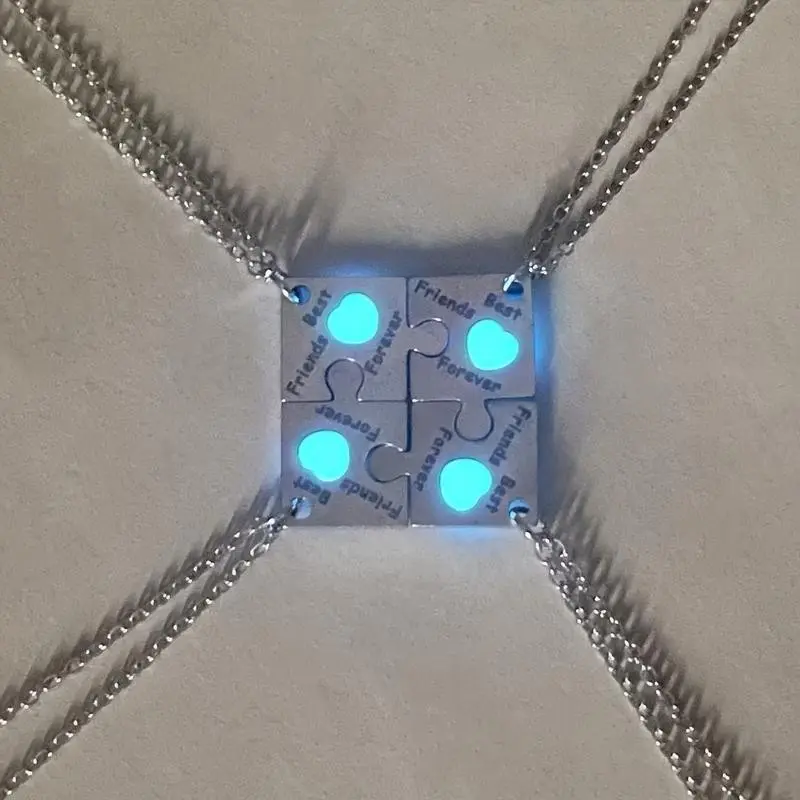 4-Piece Set Stainless Steel BFF Friendship Puzzle Pendant Necklaces, Cute & Simple Style, Unplated, with Unique Glow-in-the-Dark Feature for Daily Wear, Gift, and Thanksgiving Holiday - All Season Fit