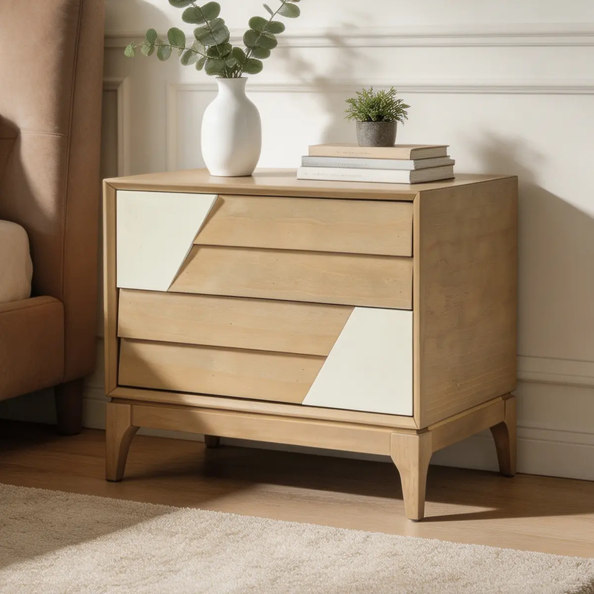Modern 2-Drawer Nightstand with Two-Tone Geometric Design, Japandi Style Bedside Table with Angled Patchwork Detail, Natural & Cream White End Table for Bedroom, Living Room, Solid Tapered Legs