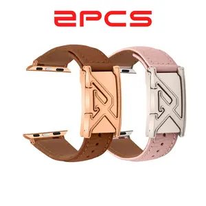 2 Pcs Genuine Leather Watch Strap, Rose Gold X Clasp, Fits Apple Samsung Huawei, Elegant Replacement Band, Multiple Combinations
