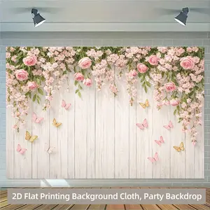 2D Flat Banner Polyester Photography Backdrop, HD Digitally Printed Pink Roses Floral and Butterfly Pattern on White Wood Plank Background, Soft Lightweight Foldable Machine Washable for Wedding, Party, Birthday Photos, Portraits,