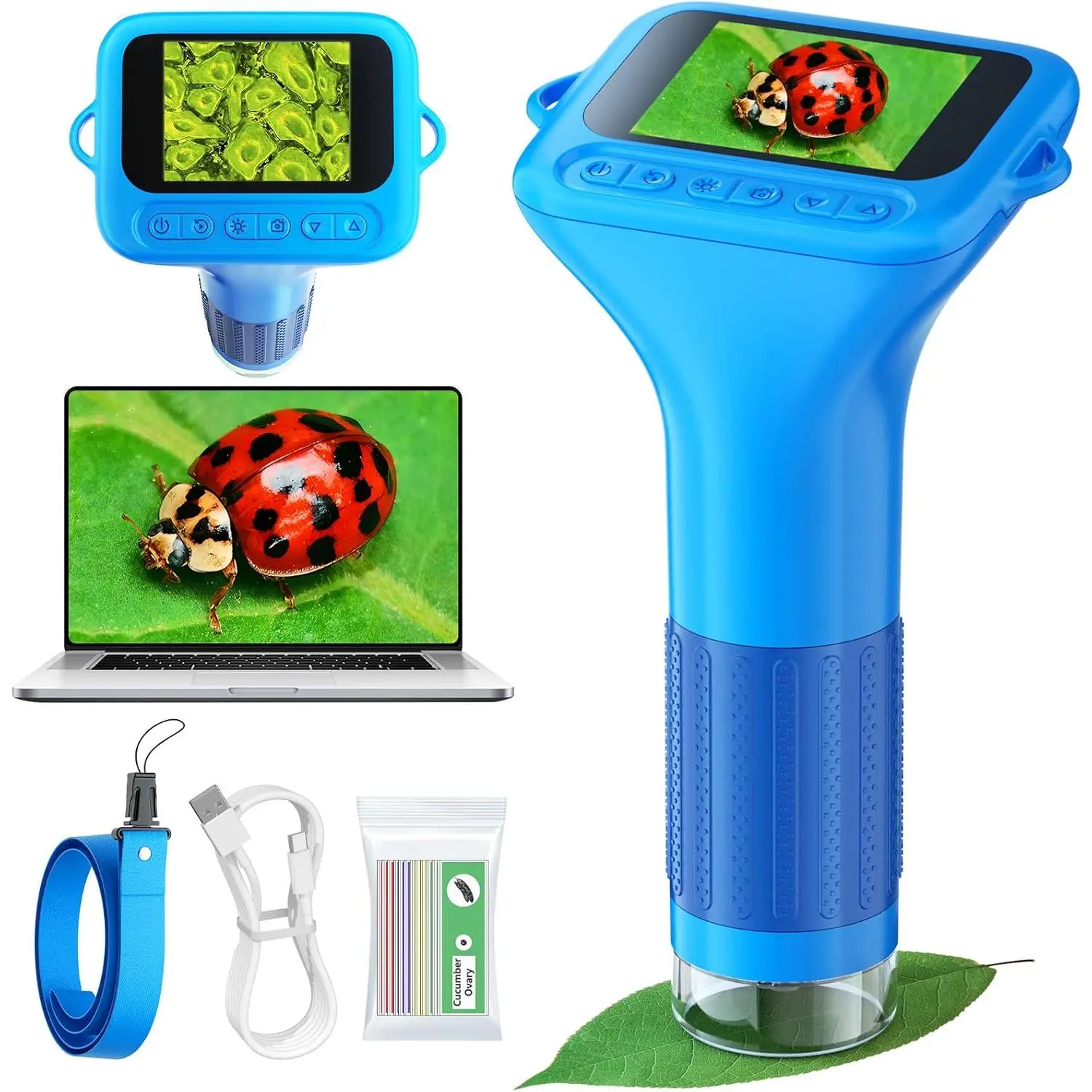 Kids' Digital Handheld Microscope - 100X-1000X Magnification, 1080P HD Camera, 2.0 Inch, 12 Slides, Blue Rechargeable Mini Pocket Toy with Lanyard, Buttons, Micro SD Card Compatibility, Christmas Gift for 3+ Boys/Girls for Science Fun & Nature Exploration