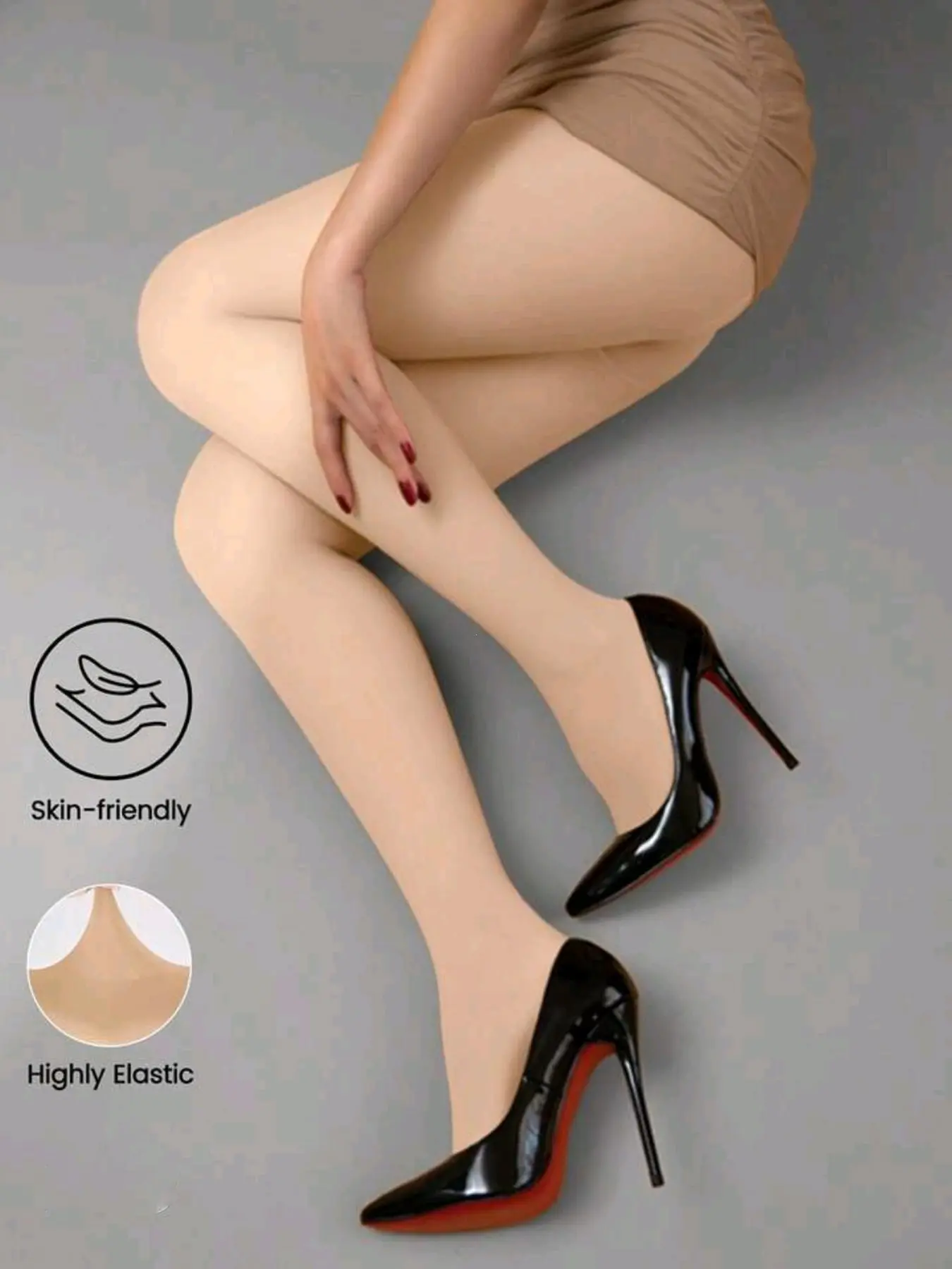 Women's Skin Tone Fashionable Versatile Thigh-High Stocking Underwear, High-Waist Elastic Waist, Plain Pattern, Winter Modest Style