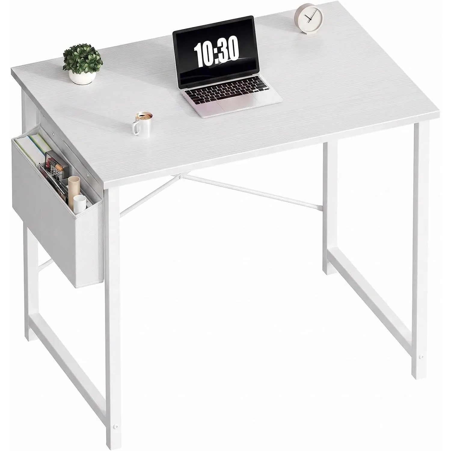 Minimalist Rectangular 31-Inch White Small Computer Desk - Home Office Writing Study Workstation with Storage Bag for Bedroom Small Spaces