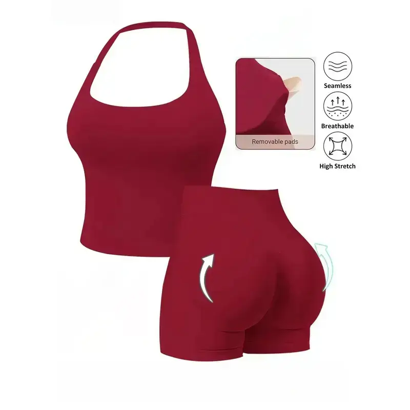 Women's 2-Piece Halter-Neck Tank Top & Shorts Set with Built-in Pads - High-Waisted, Supportive, High-Stretch Yoga Workout Set for All-Season Use