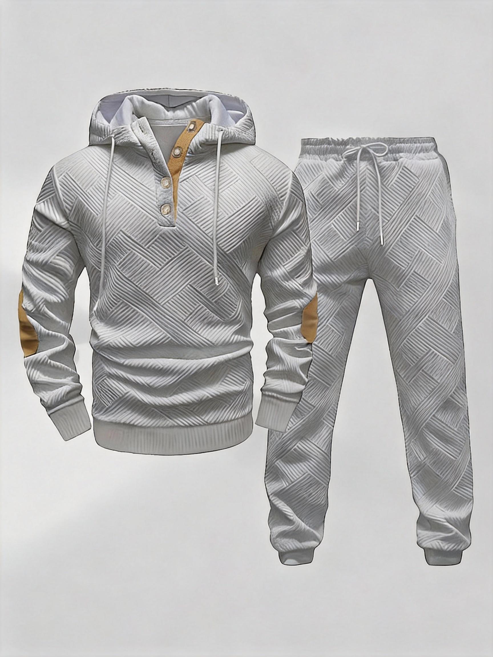 Men's 2-Piece Beige Tracksuit (Hoodie & Joggers) - Diamond Texture, Half-Button Placket (Brown Accent), Casual Stylish Outfit