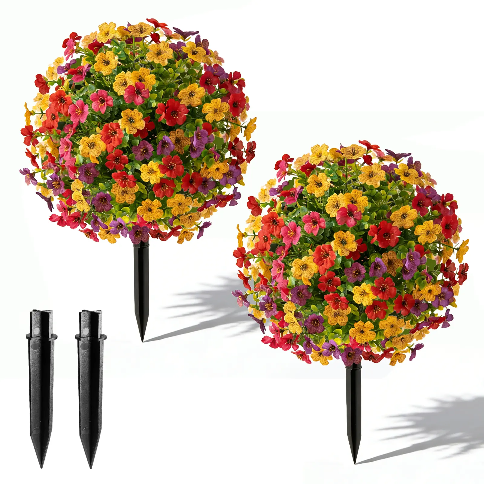 6-Piece UV-Resistant Artificial Boxwood Topiary Ball Trees (21 in, Topiary Look Boxwood Balls), with Ground Spikes & Decorative Leaves, Outdoor-Indoor Home Decor Faux Greenery Flowers for Front Porch Garden, Plant, Pot