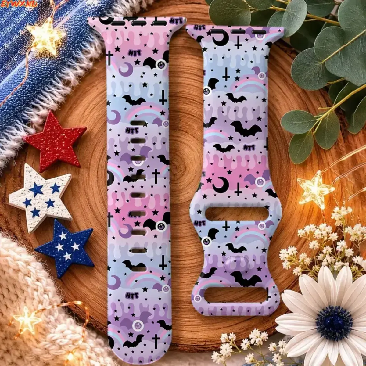 EYWXND Pastel Gradient Bat Moon Cross Rainbow Print Silicone Watch Band, Halloween Gothic Y2K Style Replacement Strap Compatible with Apple Watch, Soft Adjustable Wristband for Holiday Daily Outfit