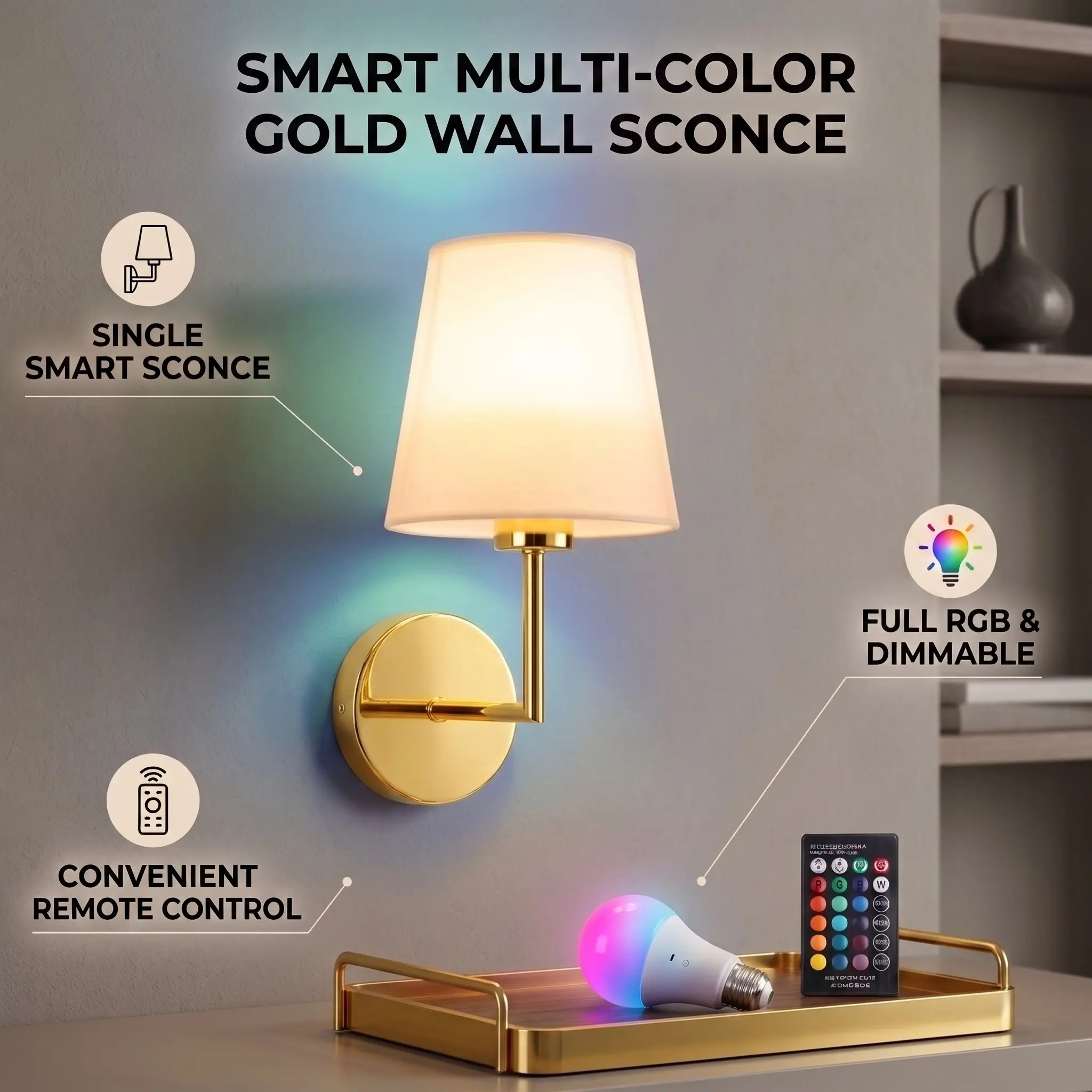 1 Pcs Fabric Wall Lamp, Gold and Black Rechargeable Wall Lamp, 2000mAh Battery Powered, RGB with Remote-Controlled Dimming, Wireless and Easy to Install, For Bedside Tables, Bedrooms, Studies and Hallways, Decorative Indoor Wall Lamp