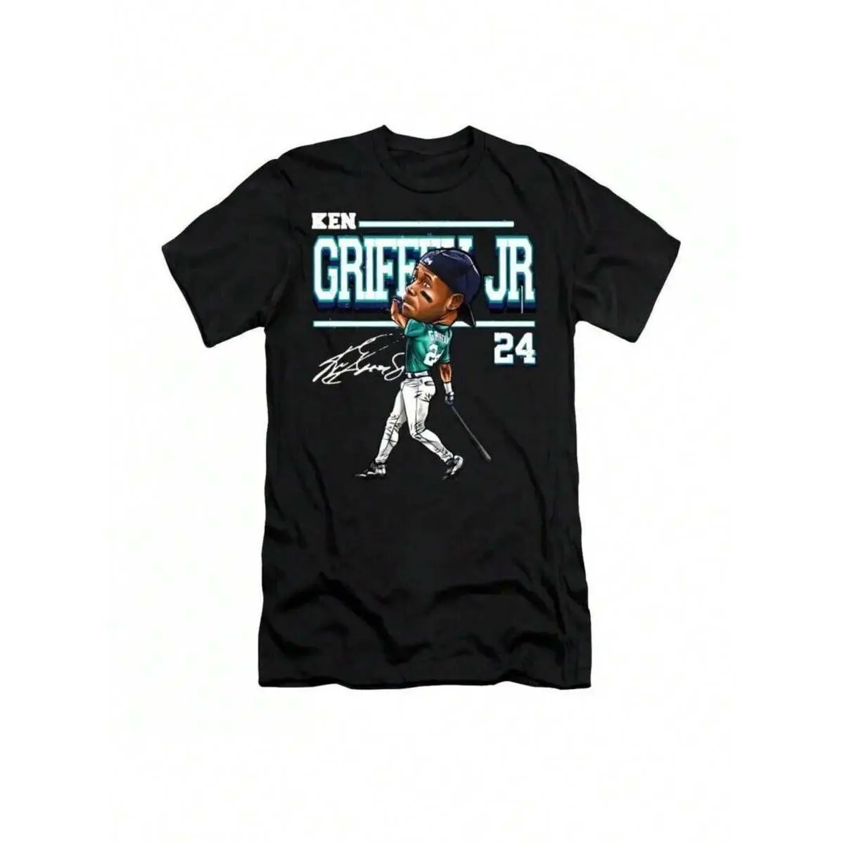 Women's Ken Griffey Jr Signature Cotton Short-Sleeve T-Shirt - Black, Unisex Round Neck, 24 Number Design, Breathable Regular Fit, Stretch Fabric, All-Season Casual Streetwear, Sports Fan Apparel, Gift Option, Shortsleeve
