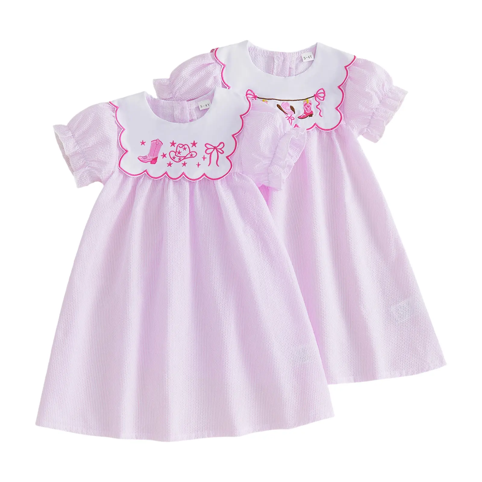 Toddler Baby Little Girl Cowgirl Dress Western Striped Embroidered Short Sleeve A-line Dresses 0-5 Years