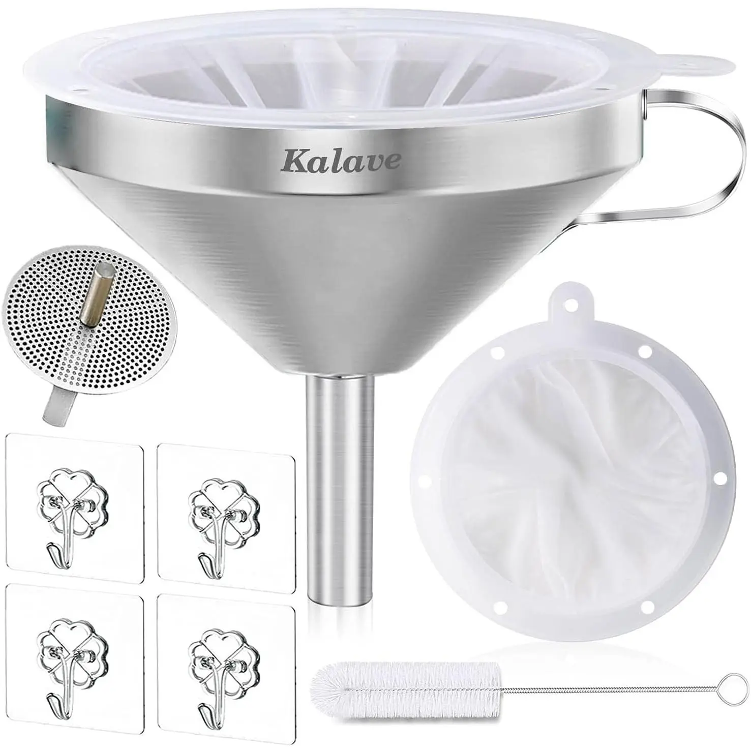 Sturdy Stainless Steel Food Funnel - 5 in Metal Kitchen Utensil with 200-Mesh Nylon Strainer, Hanging Design for Oils, Juice, Coffee