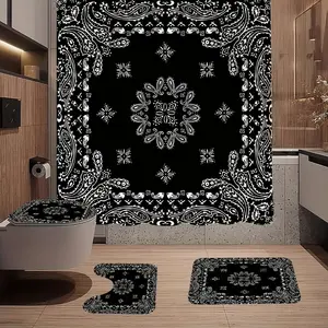 1/4pcs Black Mandala Style Shower Curtain Set, Shower Curtain with 12 Hooks, Non-Slip Bath Mat, U-Shaped Toilet Mat, Toilet Lid Cover, Room Decor, Bathroom Accessories Set, Bathroom Decoration, 71x71 Inches