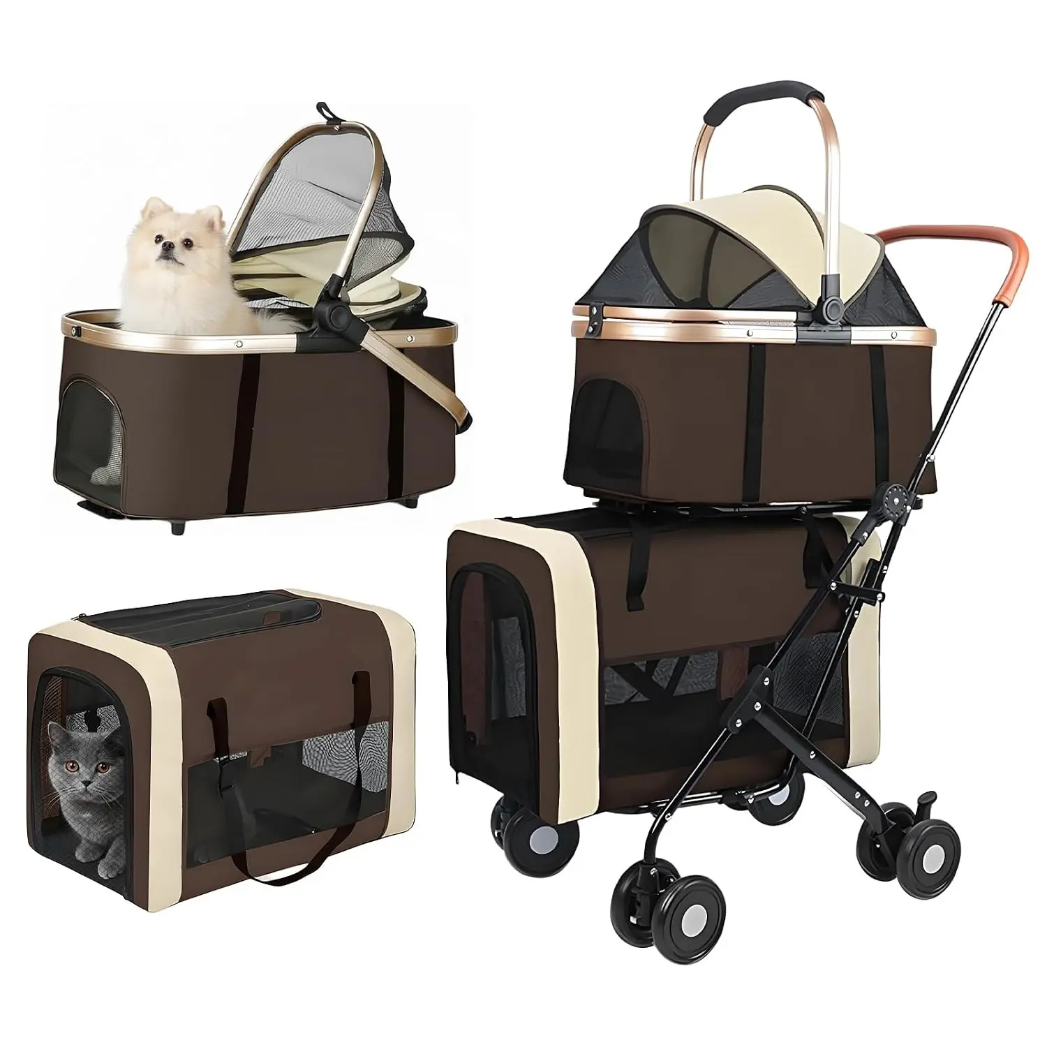 Double Pet Stroller for Small Medium Dogs and Cats, One-Step Folding Travel Carriage with 2 Detachable Carrier Bags & 4 Lockable Wheels, Brown