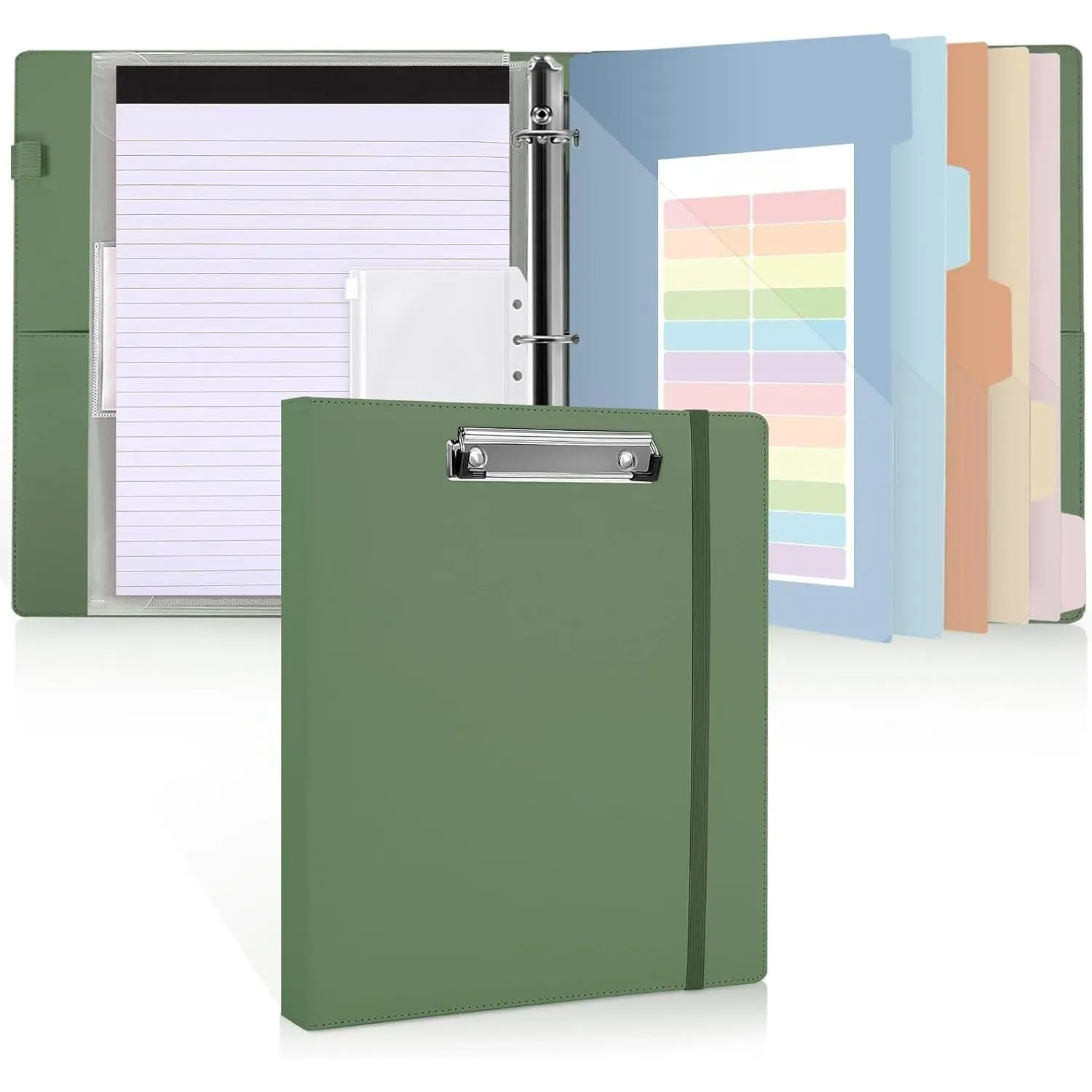 3 Ring Binder with Clipboard, 13.2" × 10.2" Faux Leather 1 Inch Binder Organizer with 5 Pocket Dividers, Notepad, Labels & 2 Storage Pockets for Teachers, Students,  & Office Work
