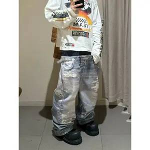 Men's Hip-Hop Streetwear Jeans with Double Waistband, Spliced Denim with West Coast Digital Print