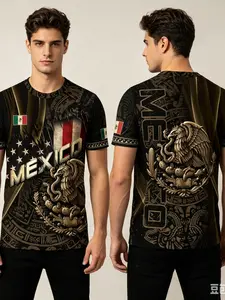 Men's Oversized 3D Print Loose Fit T-Shirt, Mexican and American Flag Eagle Aztec Pattern, Fashion Street Party Tee, Unisex Quick-Dry Top