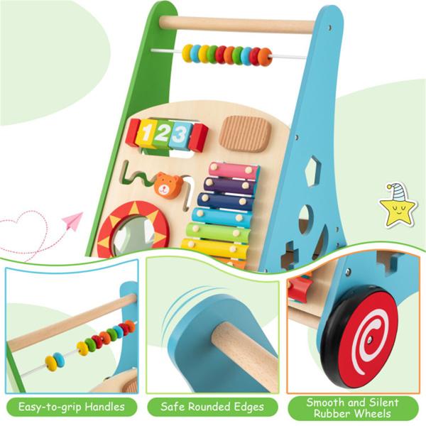 Multifunctional Wooden Baby Walker - 7+ Activity Center (Xylophone/Shape Sorter/Mirror), 3+ Years Old