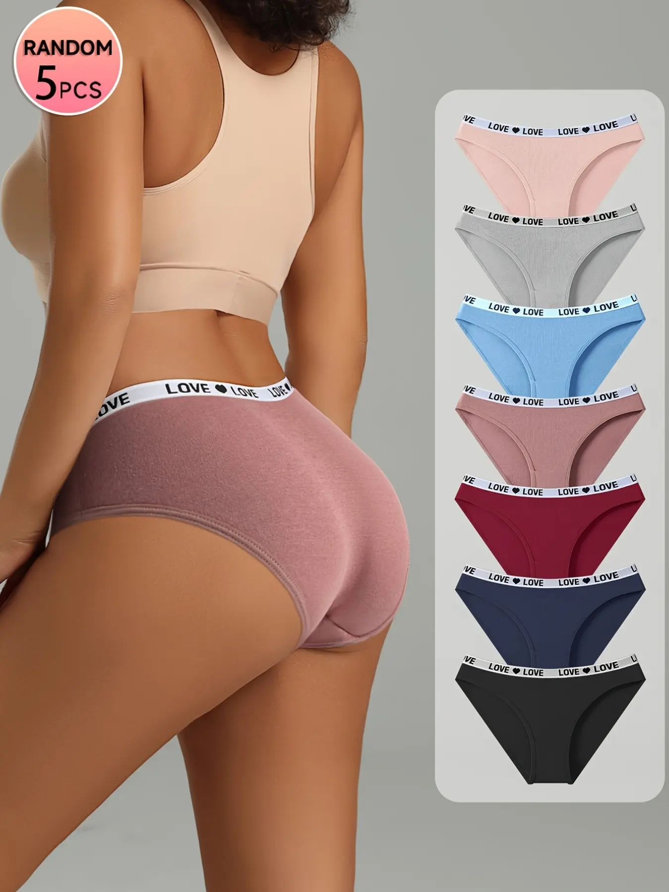 Women's HOTCOM Random 5-Pack LOVE Letter Elastic Waist Bikini Panties, Low Rise Briefs, Soft Stretchy Breathable Underwear for Everyday & Gym Wear, Assorted Neutral Shades, Sizes S‑XL