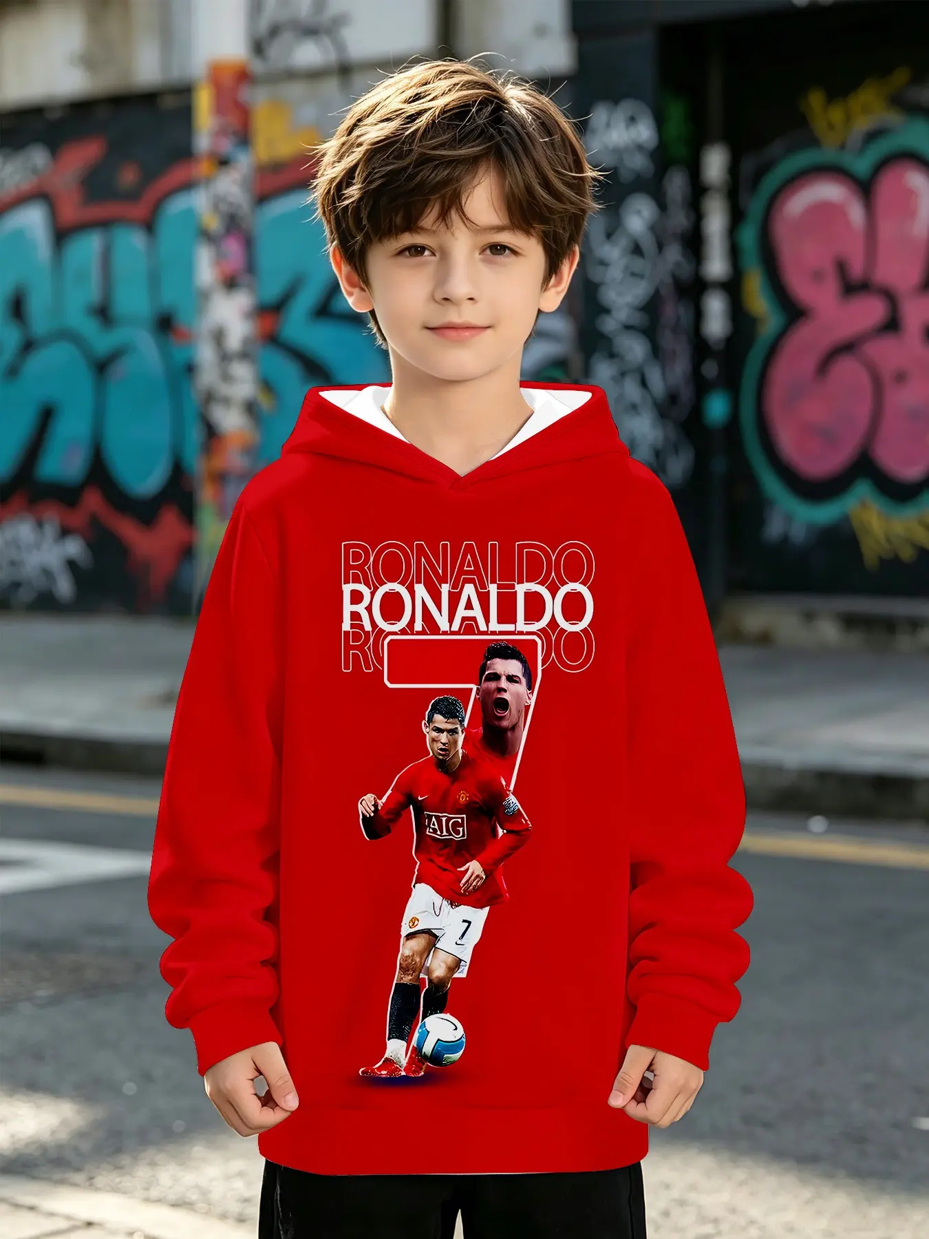 Base Large 7 Design Football Kids Pullover Hoodie, Dual Layer Dynamic Characters + Shout Expression, Unisex Baby Fan Long Sleeve Top