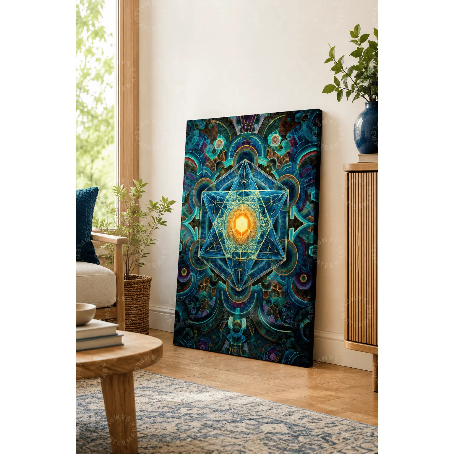 Sacred Geometry Mandala Canvas Poster, Teal Blue Abstract Wall Decor, Spiritual Aesthetic Poster, Bedroom Wall Art, Living Room Decor, Office Wall Art, Meditation Room Decor, Modern Home Gift