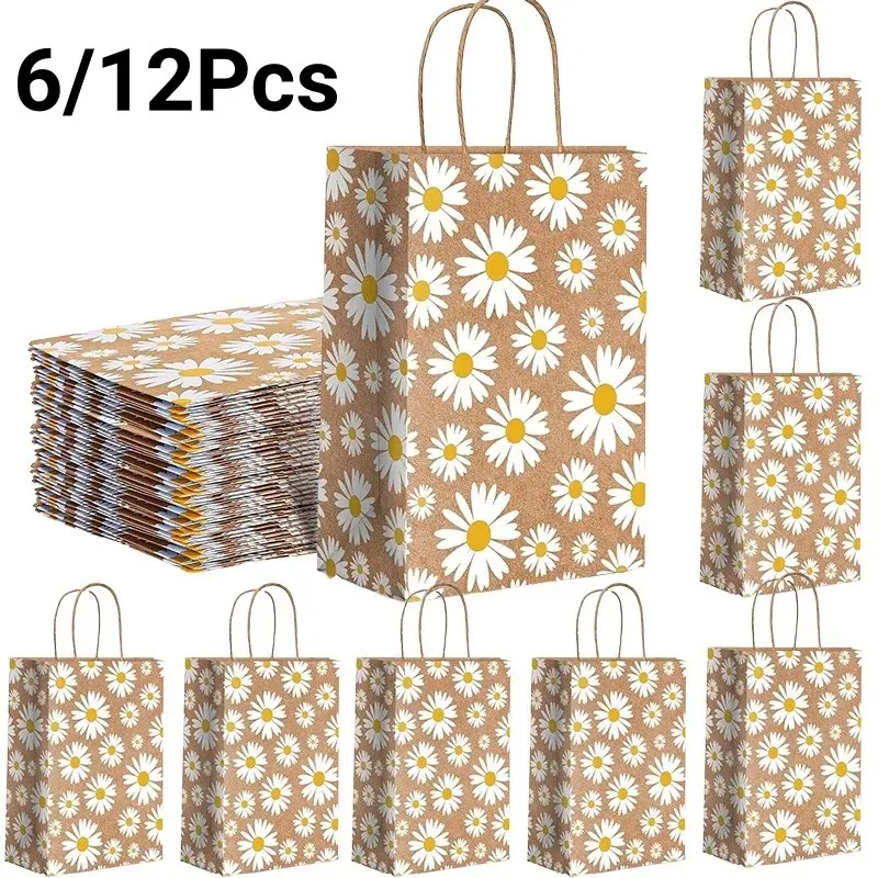 6/12Pcs Fashionable and Minimalist Daisy Gift Bag, Small Flower Bouquet Bag, Gift Wrap Bags, Suitable for Wedding and Party Gift Packaging, and Can Also Be Used As A Baptism Thank-you Gift Paper Bag