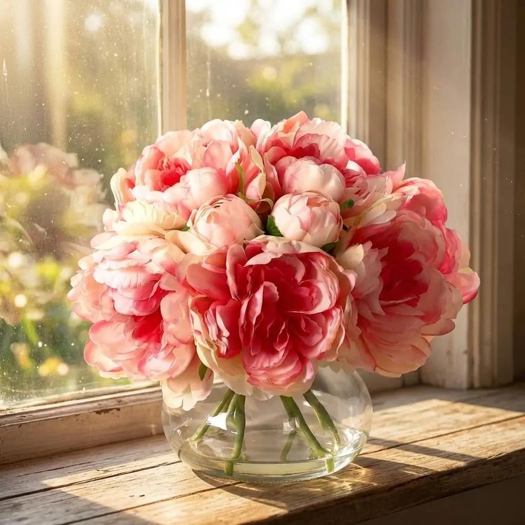 Realistic Silk Artificial Peony Bouquet with Faux Water in Round Glass Vase, Decorative Pink/White Floral Arrangement for Wedding Centerpieces, Entryway Home Decor, Plant-Inspired Gift