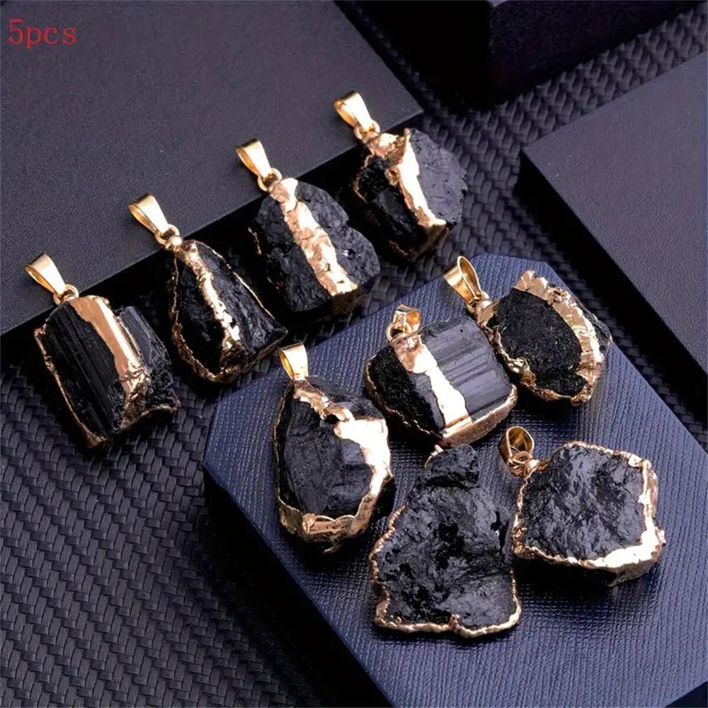 Natural Black Tourmaline Raw Stone Gold Plated Edge Pendant Necklace with Black Leather Cord, Healing Crystal Protection Jewelry, Trendy Minimalist Energy Stone Necklace for Men Women, Spiritual Negative Energy Cleansing Amulet for Daily Wear