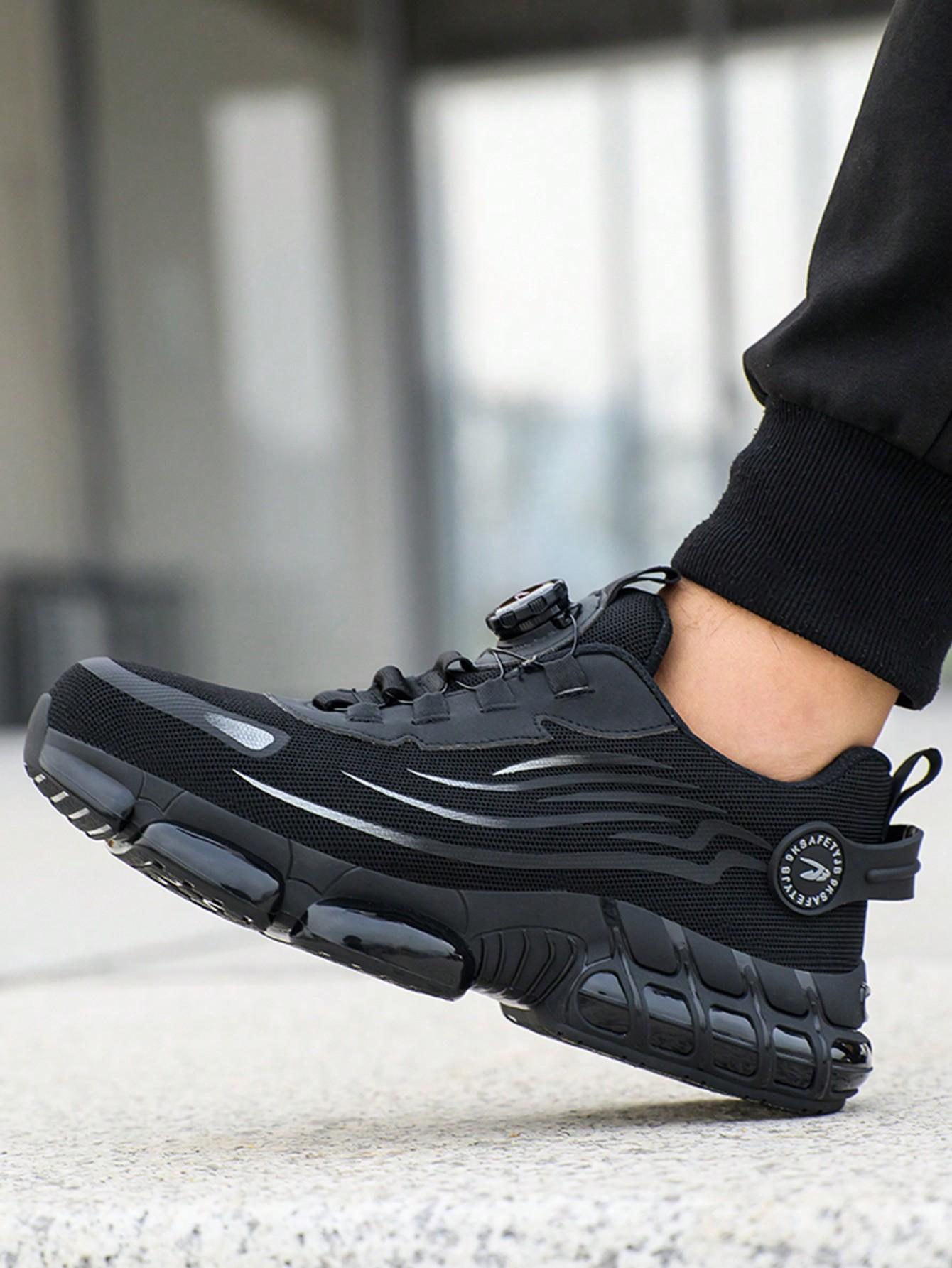 Unisex Anti-Smash Safety Shoes, Steel Toe Caps, Anti-Slip, Breathable,Industrial Construction Sports Rotatory Lace-Free Casual Hiking Shoes Black Gray