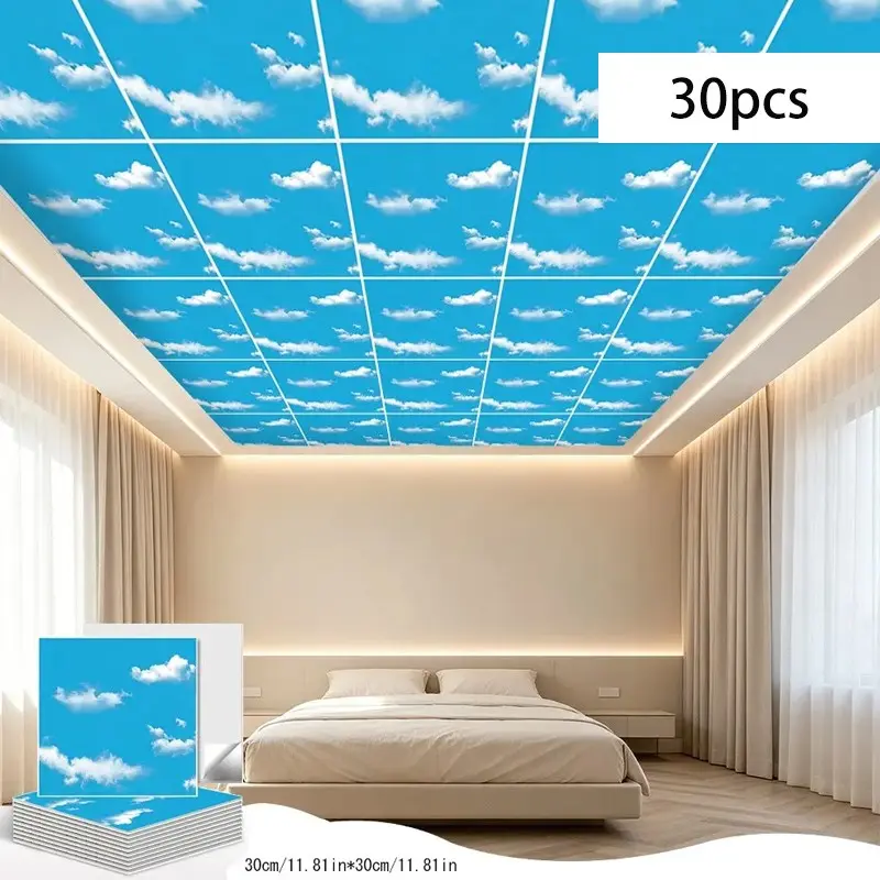 30pcs Self-Adhesive Ceiling Tiles, Waterproof Peelable Wall Panels, Floral/sky/geometric Decor Stickers, Ideal for Bedroom Apartment Renovation