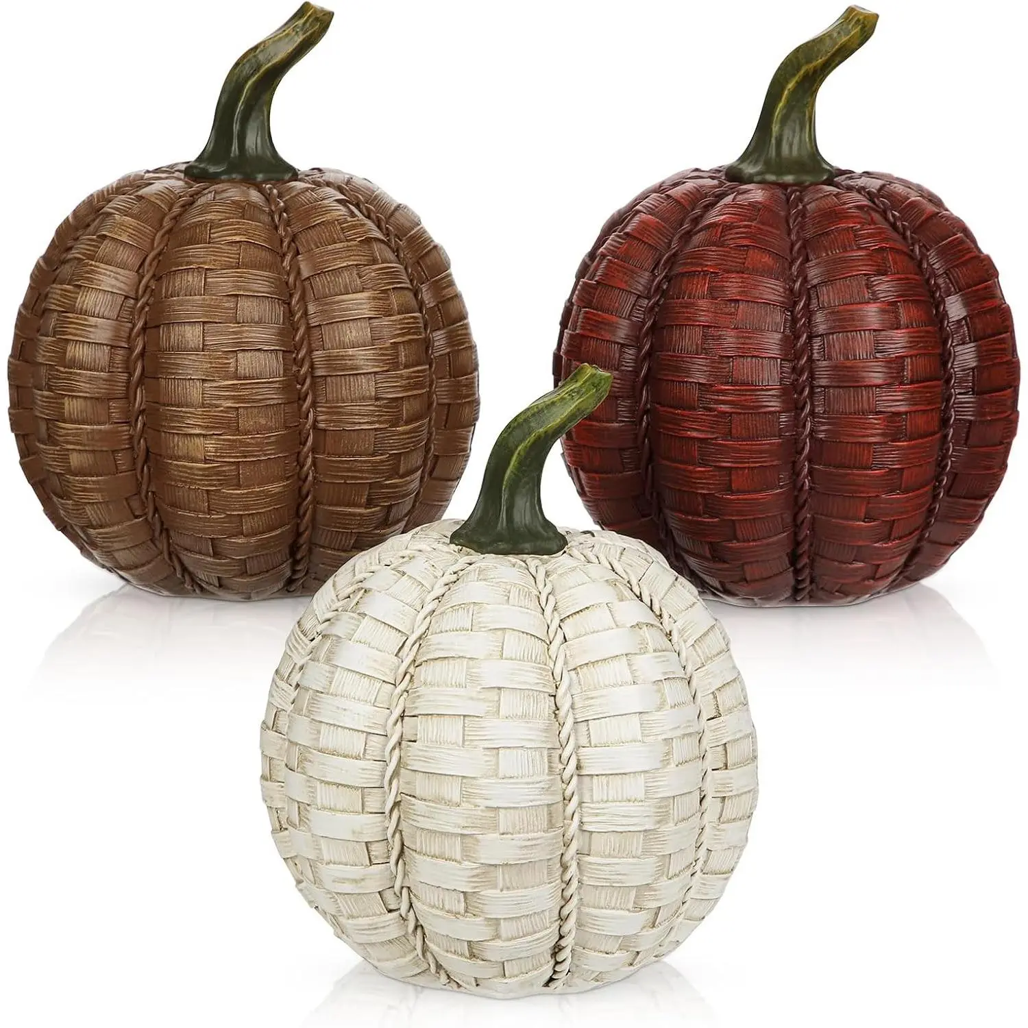6 Inch Large Artificial Pumpkins, 3 Pcs Fall Pumpkin Decor Beige Dark Red Brown Faux Resin Pumpkins Woven Pumpkin Centerpiece for Rustic Farmhouse Fall Thanksgiving Autumn Harvest Table Decor