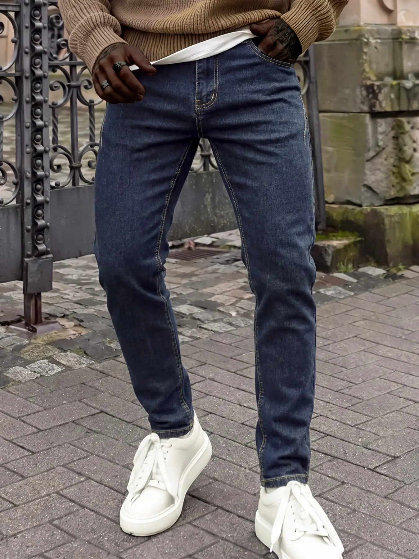 1 Piece Men’s Blue Washed Slim-Fit Jeans, Stretch Casual Denim Pants, Classic Everyday Streetwear Versatile Jeans