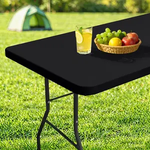 Rectangle Table Cloth Cover, Waterproof Polyester Elastic Fitted Tablecloth, Fits for 6 Foot Folding Tables, Washable Table Protector for Picnic, Camping, Outdoor (Black, 30" x 72")