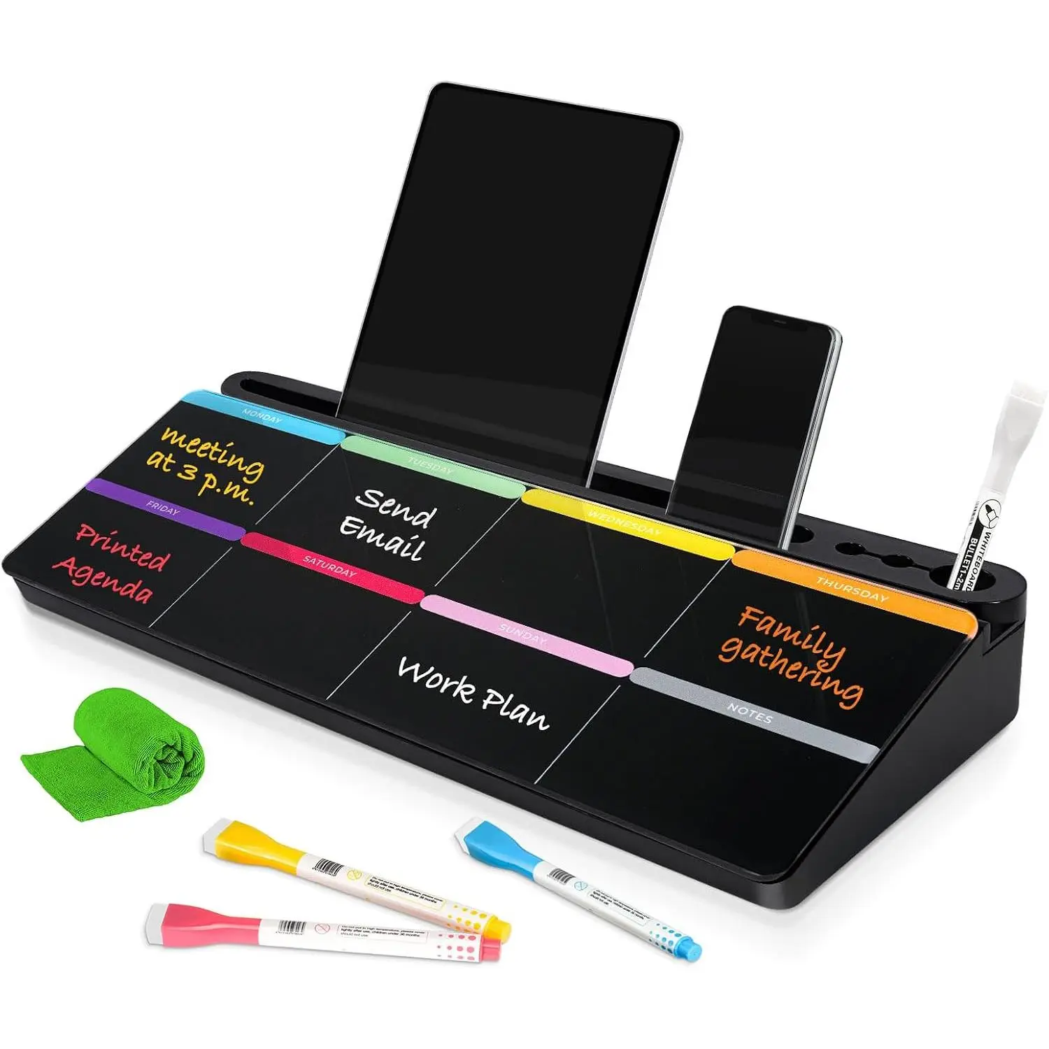 Black Tempered Glass Desk Whiteboard with Calendar Slots, Storage Drawer with Dividers, Keyboard Stand, Dry Eraser Set, Storage Organization Desk Organizer for Office Stationery & Supplies