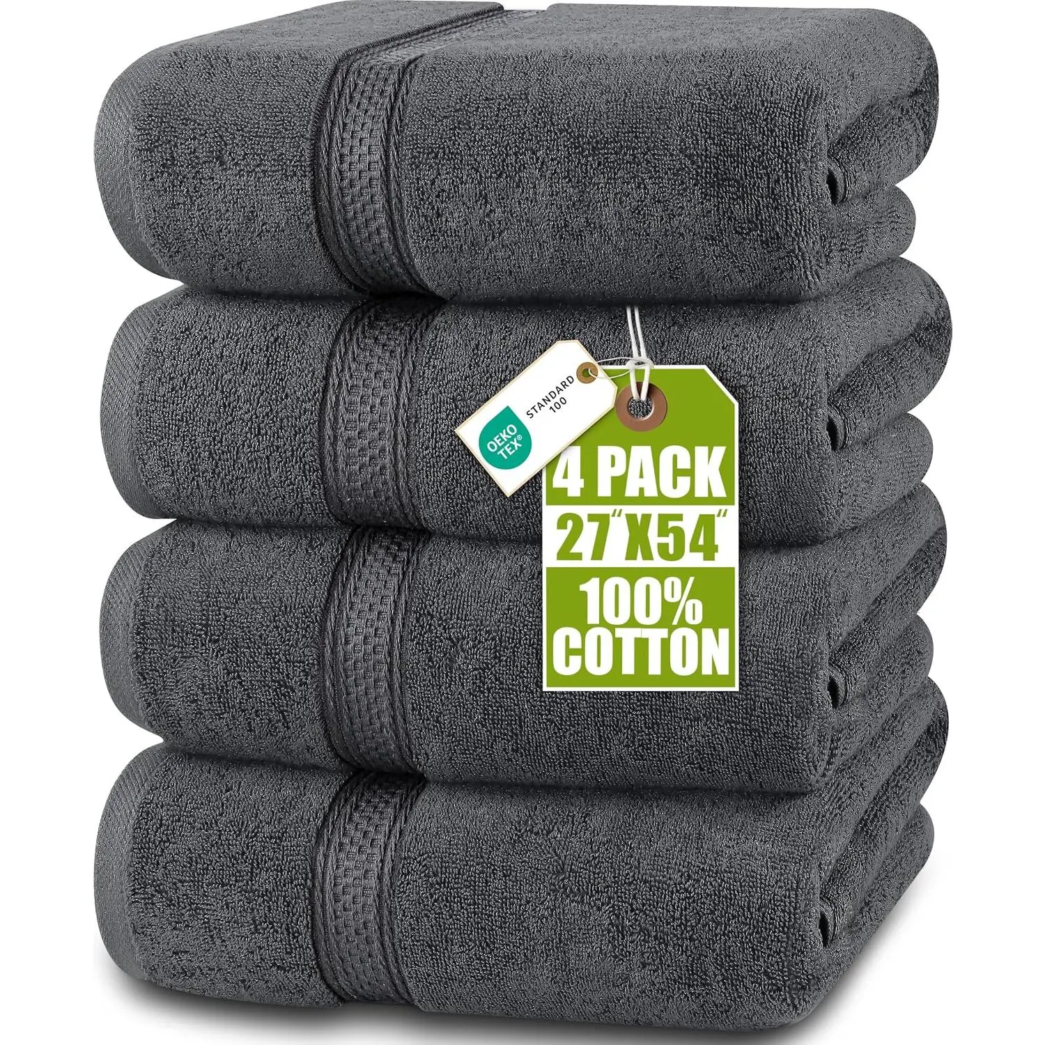 4 Pack  Bath , 27x54 in, 600 GSM  Grey |  Lightweight Ring Spun   - Highly Absorbent, Quick-Drying, Soft Feel,  for Daily Use