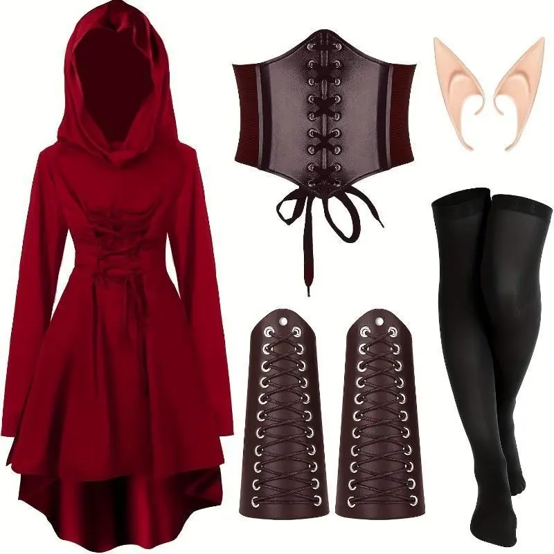 [5pcsMedievalHoodedRobeCostumeSet]-RedRenaissanceElfAttirewithCorset&TightsforWomenFP560152WomenswearClothes