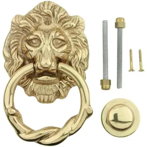 Solid Brass Lion Door Knocker with Polished Brass Finish, 6.25 Inches Front Entry Door Hardware