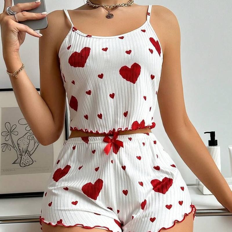 Casual Pajama Set with Cherry and Heart Print Spaghetti Strap Top and Ruffled Hem Shorts Soft Polyester Spandex Blend 95 5 180g m² Comfortable All Season Loungewear Perfect Valentine s Day Gift for Women Fabric Womenswear Everyday Feminine SpringStatement